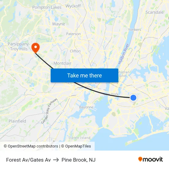 Forest Av/Gates Av to Pine Brook, NJ map