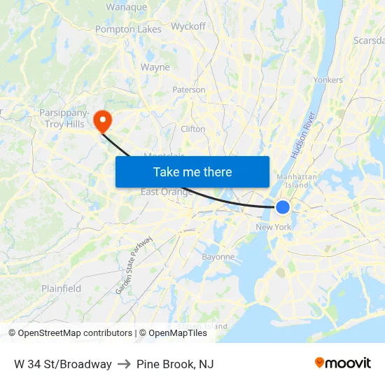 W 34 St/Broadway to Pine Brook, NJ map