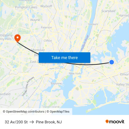 32 Av/200 St to Pine Brook, NJ map