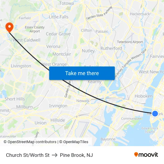 Church St/Worth St to Pine Brook, NJ map