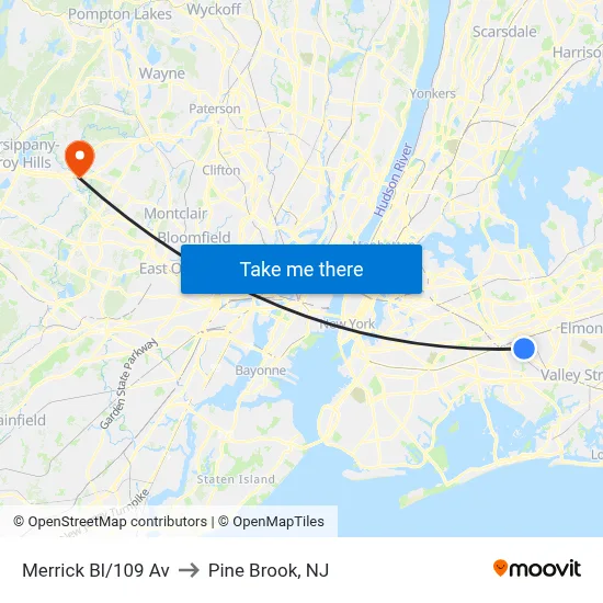Merrick Bl/109 Av to Pine Brook, NJ map