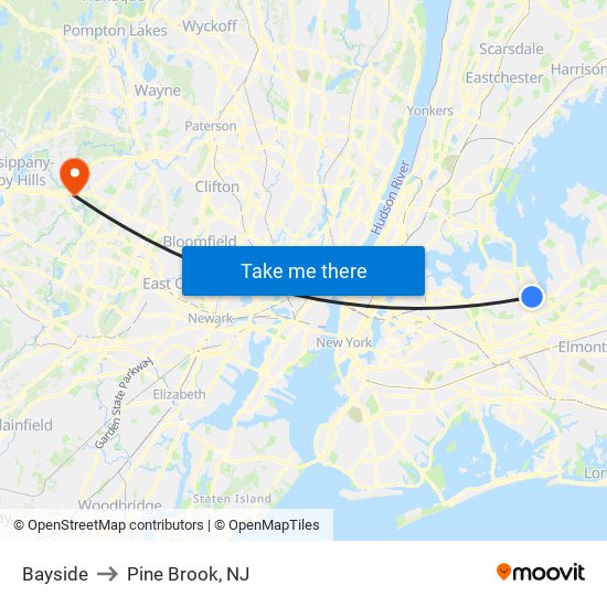 Bayside to Pine Brook, NJ map