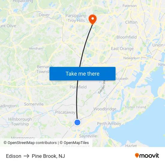 Edison to Pine Brook, NJ map