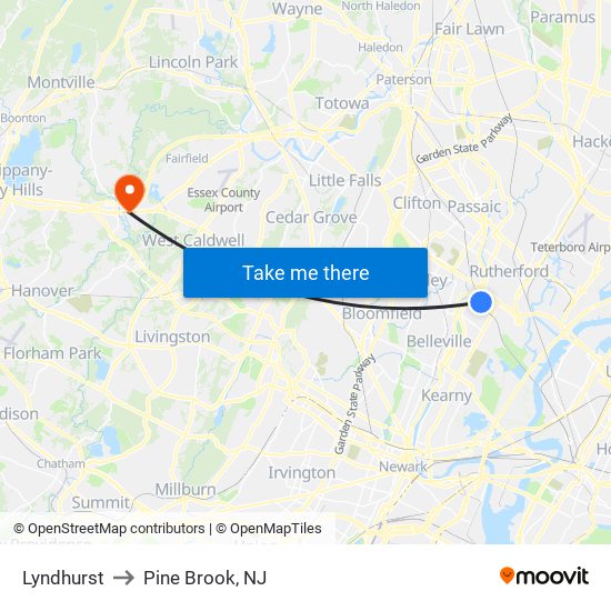 Lyndhurst to Pine Brook, NJ map