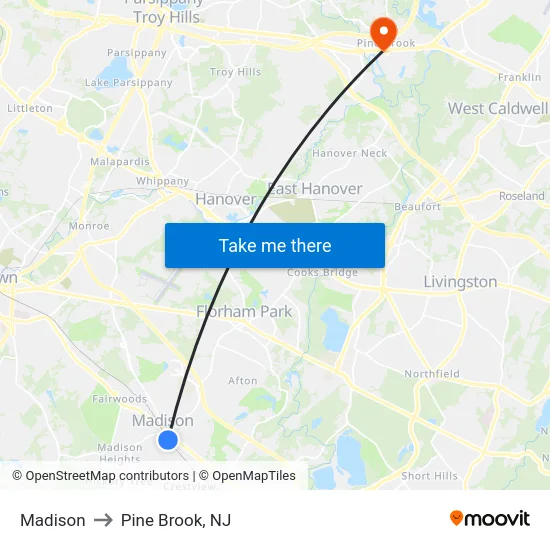 Madison to Pine Brook, NJ map