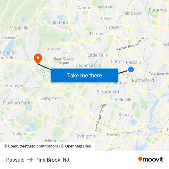 Passaic to Pine Brook, NJ map