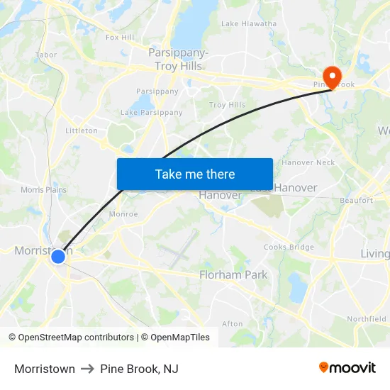 Morristown to Pine Brook, NJ map