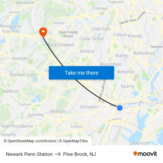 Newark Penn Station to Pine Brook, NJ map