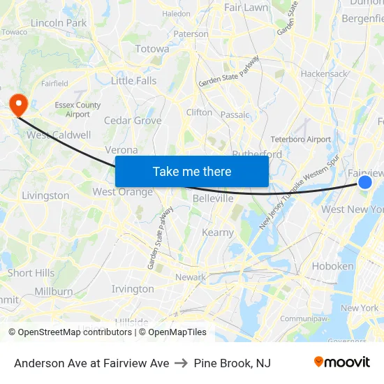 Anderson Ave at Fairview Ave to Pine Brook, NJ map