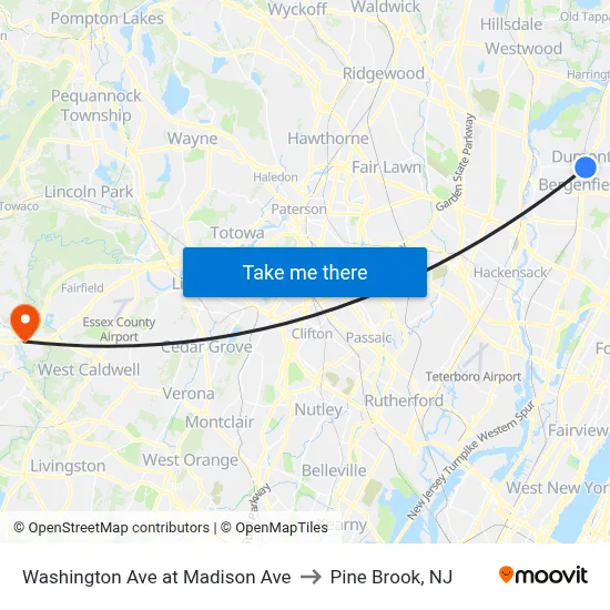 Washington Ave at Madison Ave to Pine Brook, NJ map