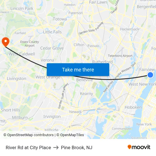River Rd at City Place to Pine Brook, NJ map