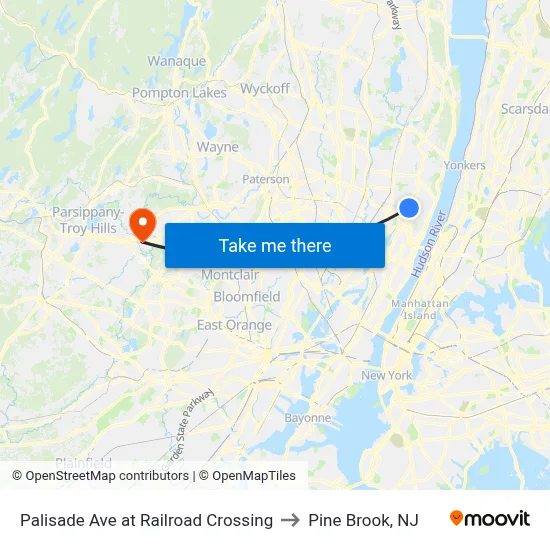 Palisade Ave at Railroad Crossing to Pine Brook, NJ map