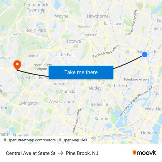 Central Ave at State St to Pine Brook, NJ map