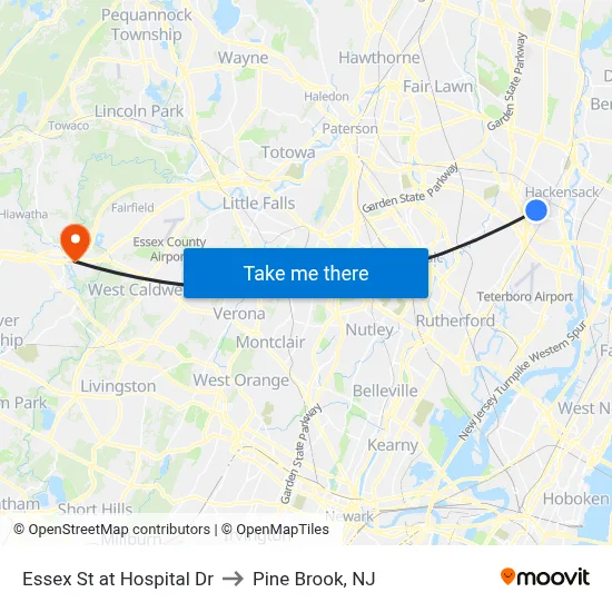 Essex St at Hospital Dr to Pine Brook, NJ map