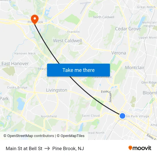 Main St at Bell St to Pine Brook, NJ map