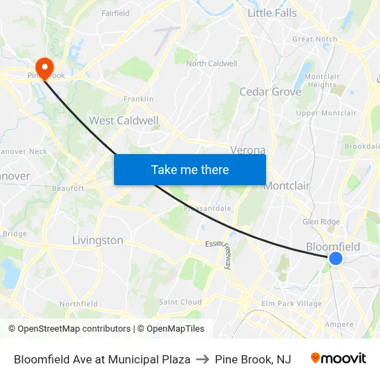 Bloomfield Ave at Municipal Plaza to Pine Brook, NJ map