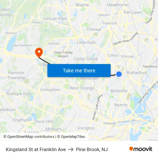 Kingsland St at Franklin Ave to Pine Brook, NJ map