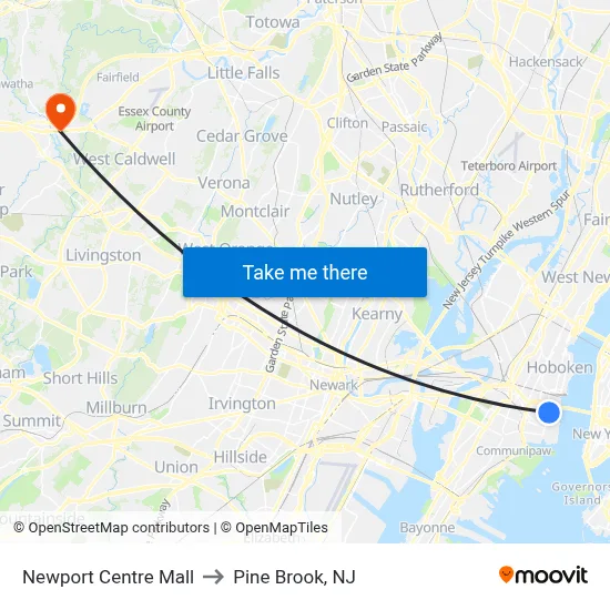 Newport Centre Mall to Pine Brook, NJ map