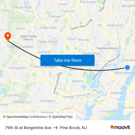 79th St at Bergenline Ave to Pine Brook, NJ map
