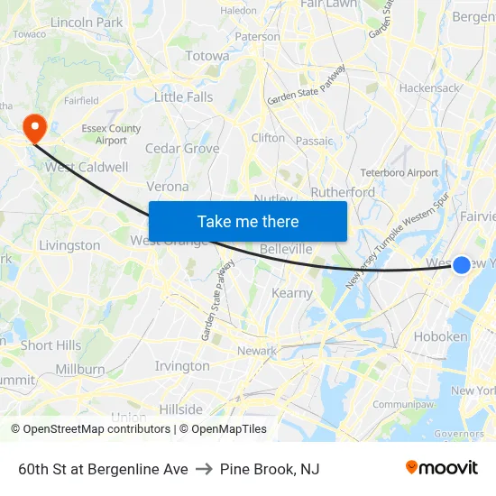 60th St at Bergenline Ave to Pine Brook, NJ map