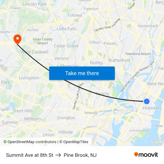 Summit Ave at 8th St to Pine Brook, NJ map