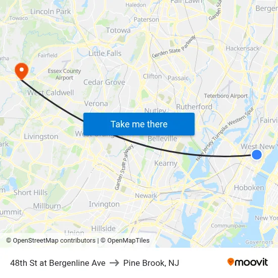48th St at Bergenline Ave to Pine Brook, NJ map