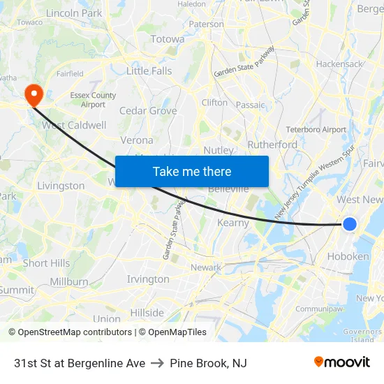 31st St at Bergenline Ave to Pine Brook, NJ map