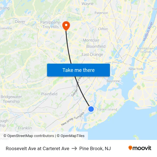 Roosevelt Ave at Carteret Ave to Pine Brook, NJ map