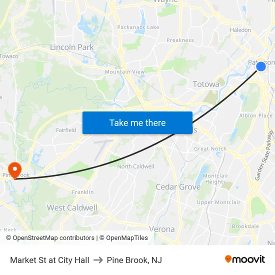 Market St at City Hall to Pine Brook, NJ map