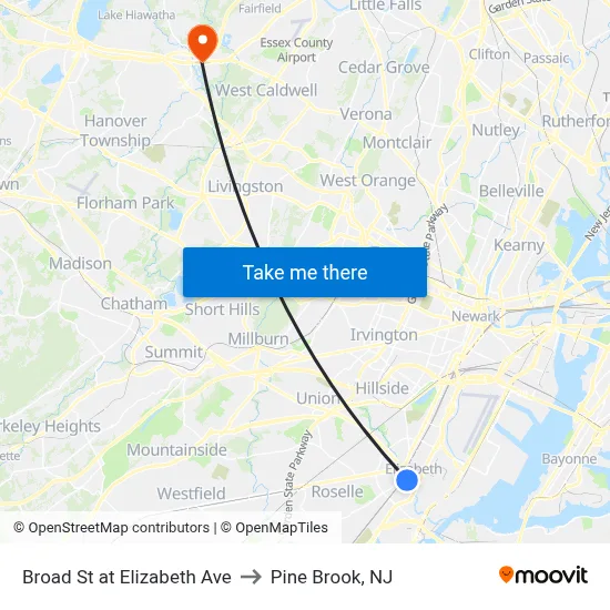 Broad St at Elizabeth Ave to Pine Brook, NJ map
