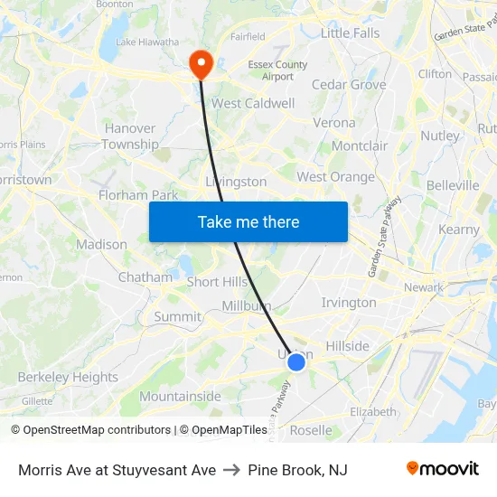 Morris Ave at Stuyvesant Ave to Pine Brook, NJ map