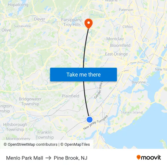 Menlo Park Mall to Pine Brook, NJ map
