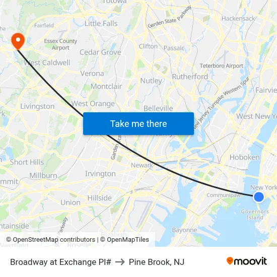 Broadway at Exchange Pl# to Pine Brook, NJ map