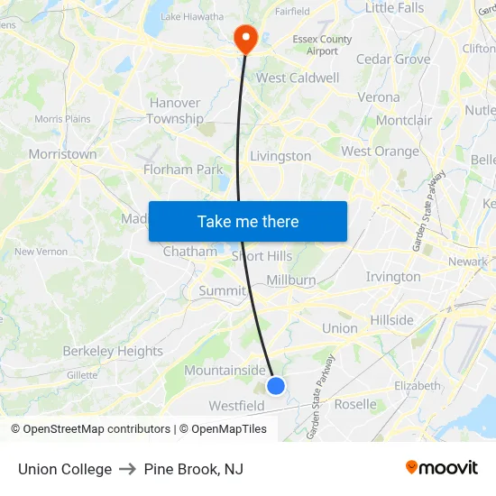 Union College to Pine Brook, NJ map
