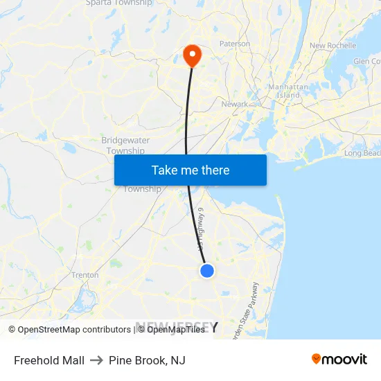 Freehold Mall to Pine Brook, NJ map