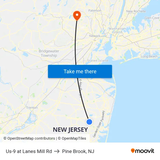 Us-9 at Lanes Mill Rd to Pine Brook, NJ map