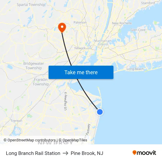 Long Branch Rail Station to Pine Brook, NJ map