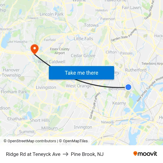 Ridge Rd at Teneyck Ave to Pine Brook, NJ map