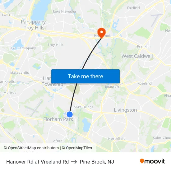 Hanover Rd at Vreeland Rd to Pine Brook, NJ map