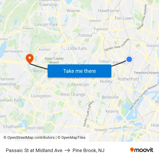 Passaic St at Midland Ave to Pine Brook, NJ map