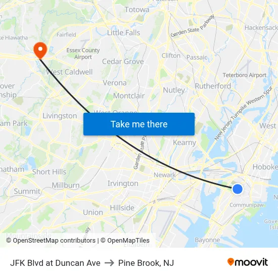 JFK Blvd at Duncan Ave to Pine Brook, NJ map
