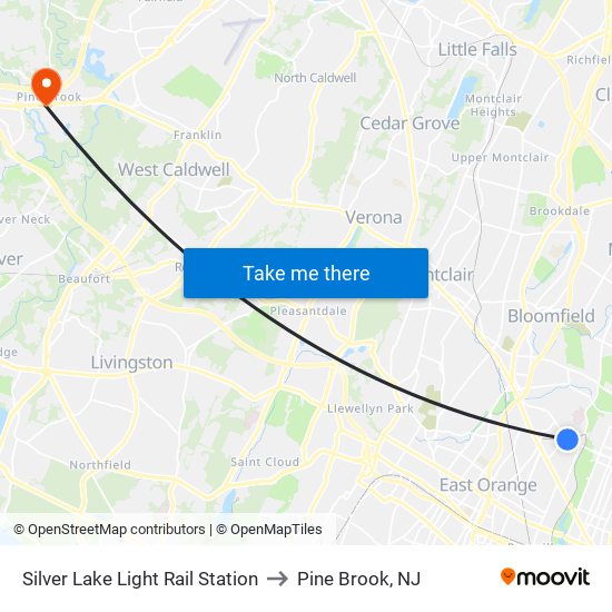 Silver Lake Light Rail Station to Pine Brook, NJ map