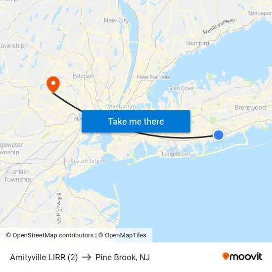 Amityville LIRR (2) to Pine Brook, NJ map