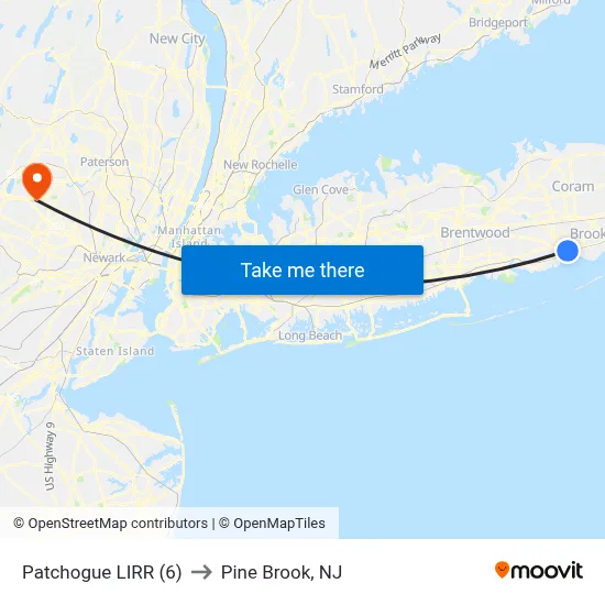 Patchogue LIRR (6) to Pine Brook, NJ map