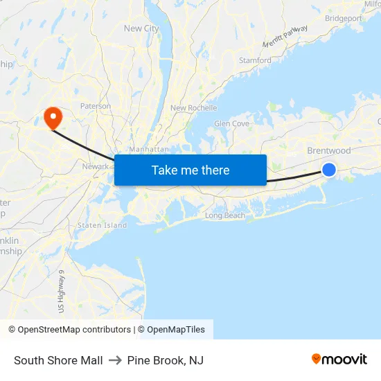 South Shore Mall to Pine Brook, NJ map