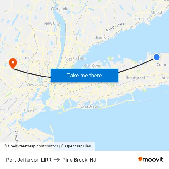 Port Jefferson LIRR to Pine Brook, NJ map