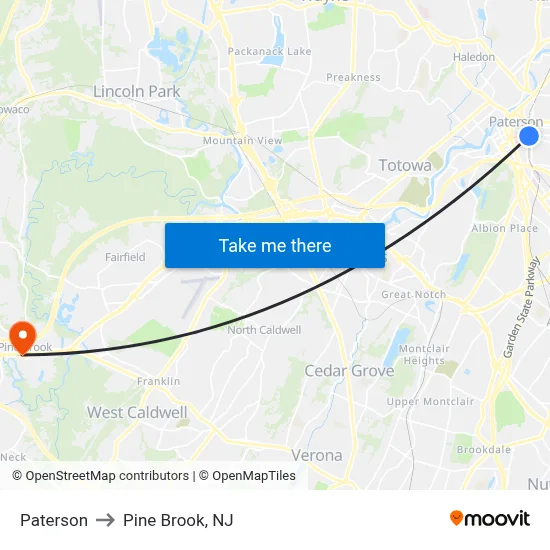 Paterson to Pine Brook, NJ map