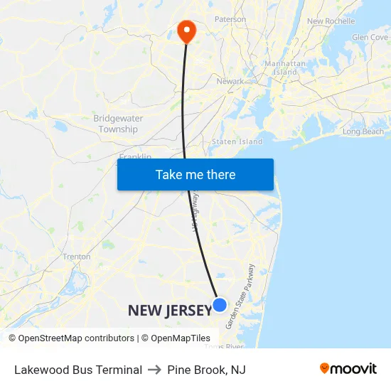 Lakewood Bus Terminal to Pine Brook, NJ map