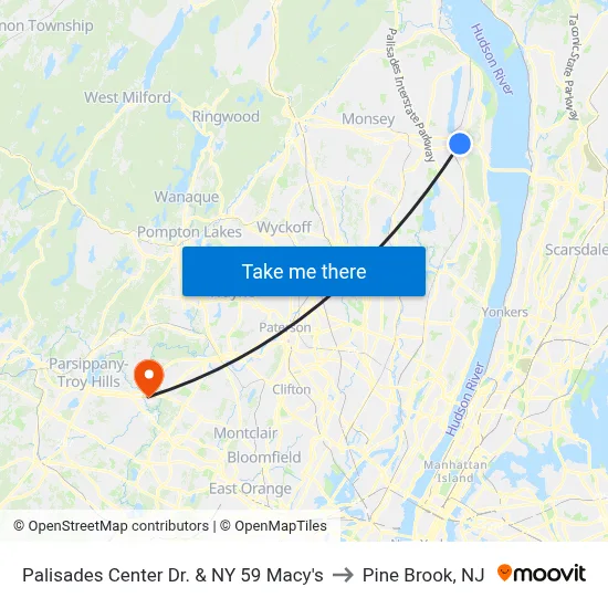 Palisades Center Dr. & NY 59 Macy's to Pine Brook, NJ map