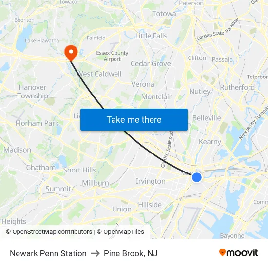 Newark Penn Station to Pine Brook, NJ map